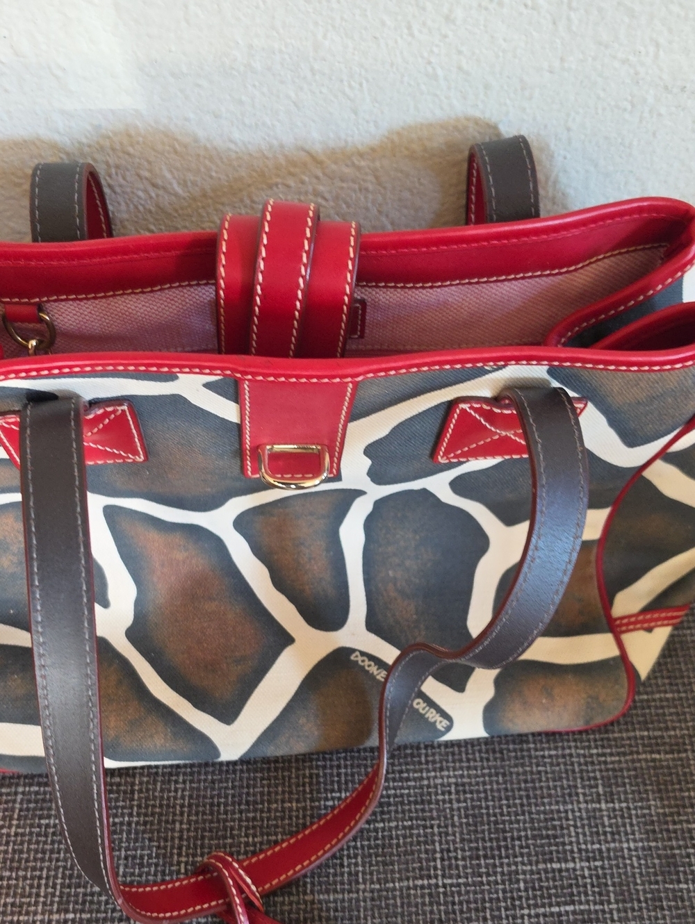 Dooney & Bourke Inspired Brown Giraffe Print Tote with Red Trim